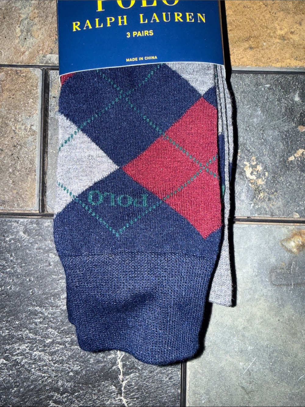 Polo by Ralph Lauren Argyle Dress Socks - Navy, Gray, Green, Red (3 Pairs) - Picture 5 of 5